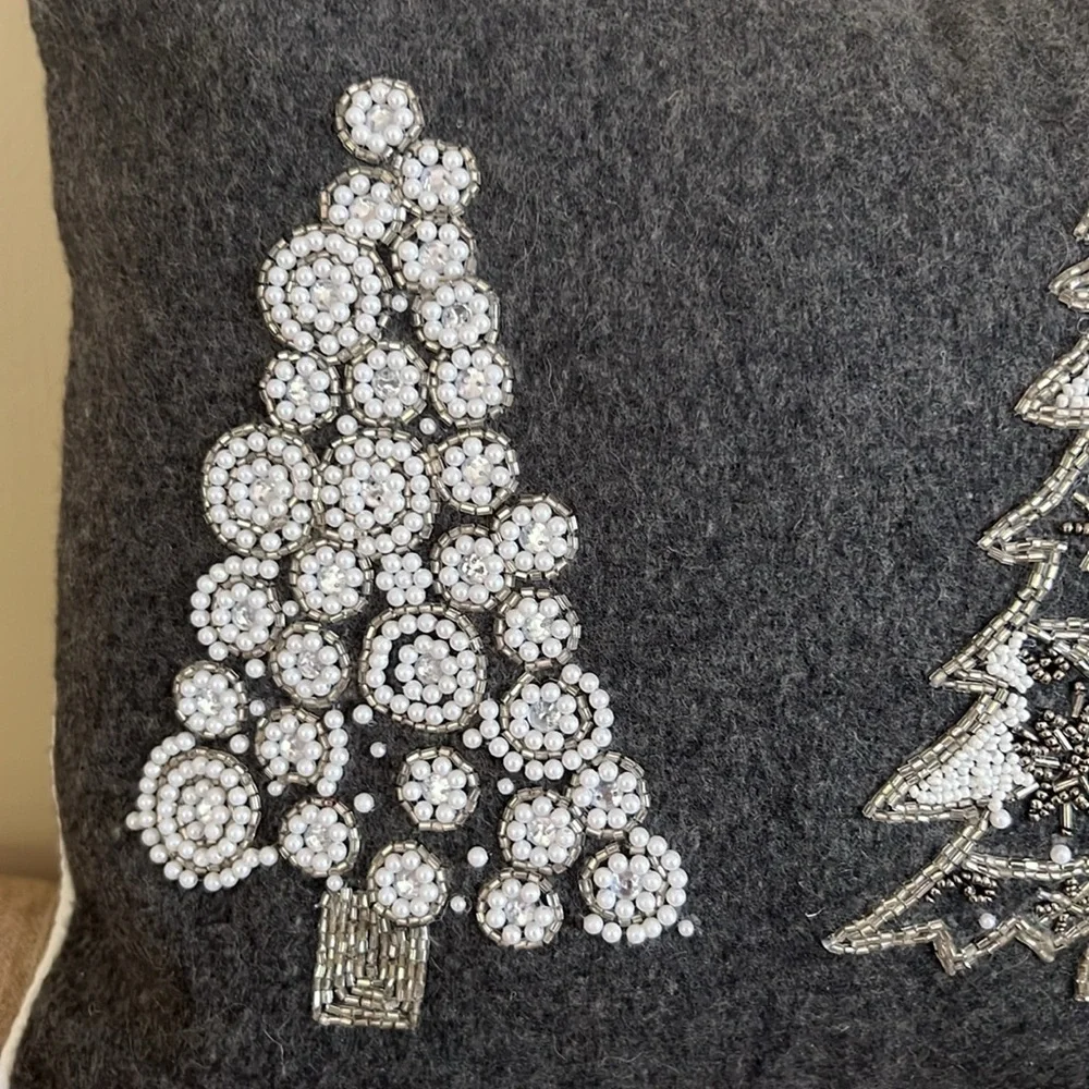 DeBage Grey and White Holiday Pillow With Bead Accents-Tree Design